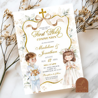 White Floral Boy and Girl First Heilige Kommune Einladung