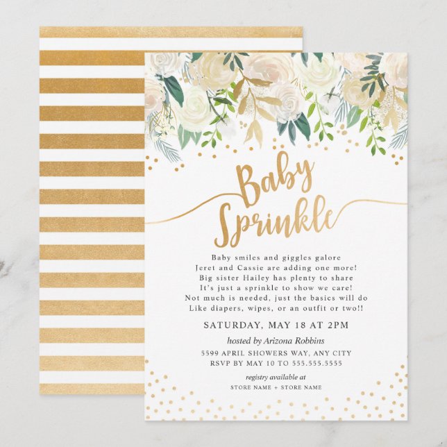 White Floral Calligraphy Baby Sprinkle Einladung (Vorne/Hinten)
