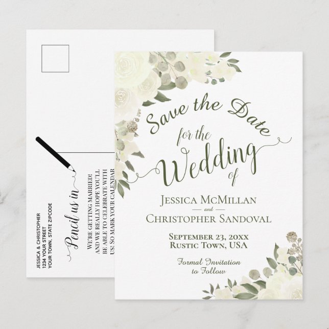 White Floral Calligraphy Wedding Save the Date Ankündigungspostkarte (Vorne/Hinten)