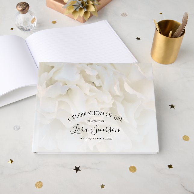 White Floral Celebration of Life Memorial Gästebuch (Vorderseite Offen)