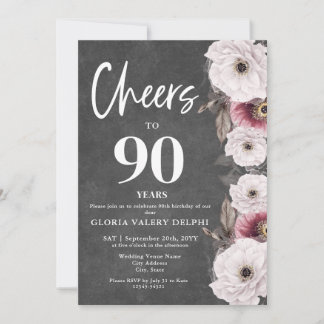 White Floral Chalkboard Cheers to 90th Birthday  Einladung