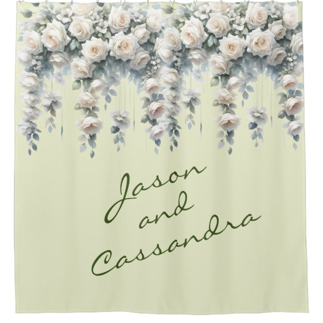 White Floral Customized Wedding Banner Duschvorhang (Vorderseite)