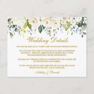 White Floral Dusty Blue Gold Wedding Details Card Postkarte