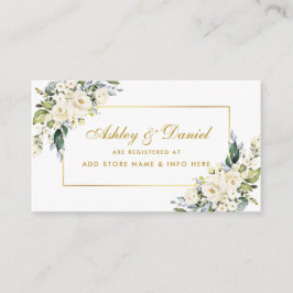 White Floral Dusty Blue Gold Wedding Registry Begleitkarte