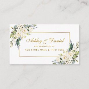 White Floral Dusty Blue Gold Wedding Registry Begleitkarte