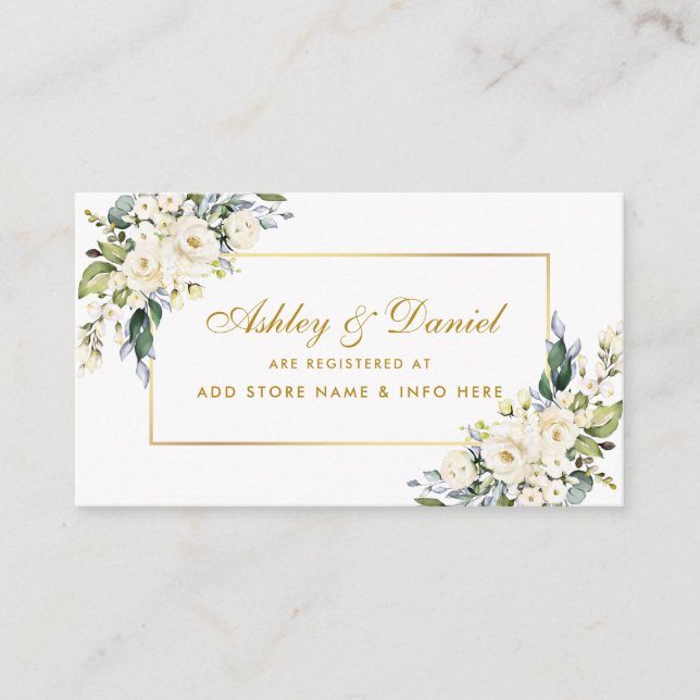 White Floral Dusty Blue Gold Wedding Registry Begleitkarte (Vorderseite)