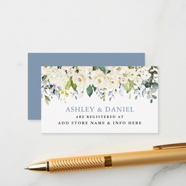 White Floral Dusty Blue Wedding Registry Begleitkarte (Vorderseite/Rückseite Beispiel)