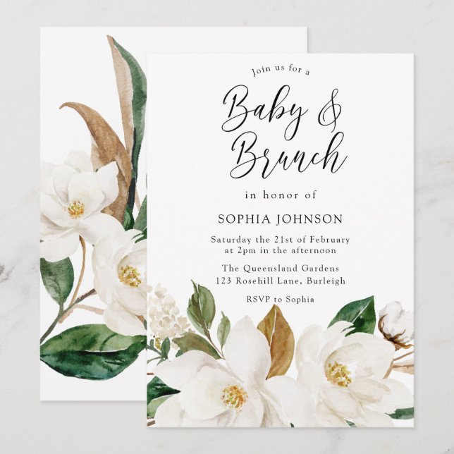 White Floral Elegant Baby & Brunch Babydusche Einladung (Vorne/Hinten)