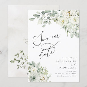 White Floral Elegant Greenery Boho Save the Date Einladung