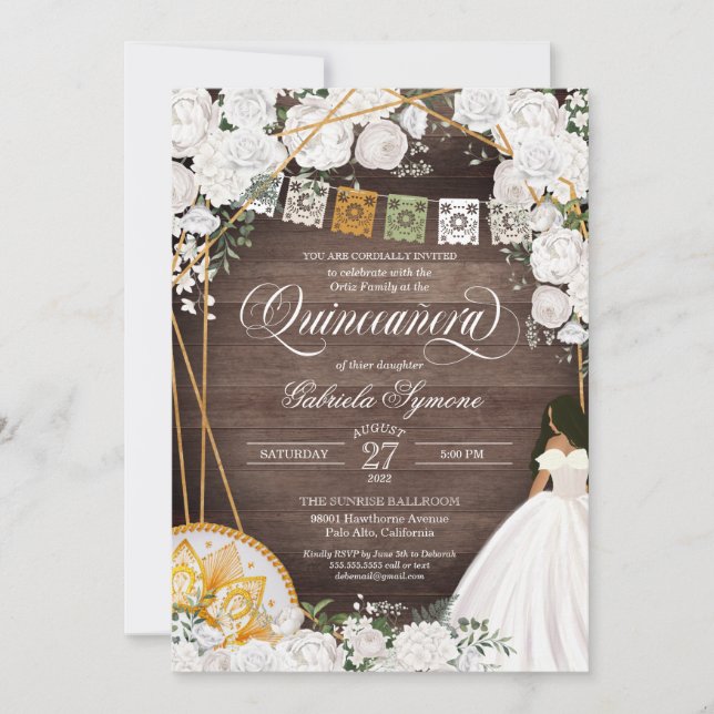 White Floral Eleganter Western Charro Quinceanera Einladung (Vorderseite)