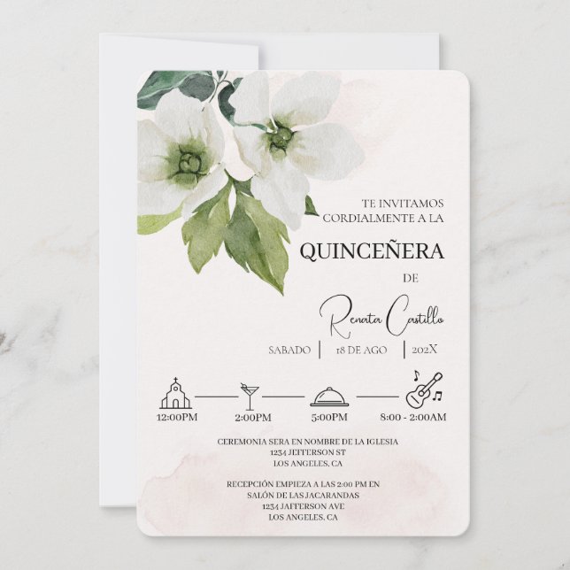 White Floral espagnol quinceañera Invitation (Devant)