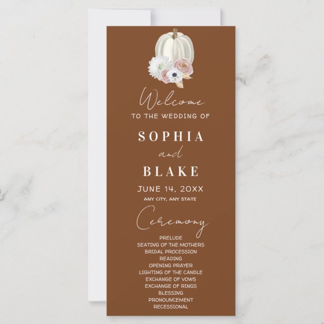 White Floral Fall Citrouille Programme de mariage  (Devant)