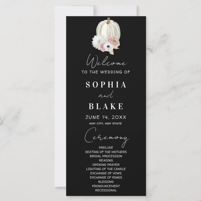 White Floral Fall Pumpkin Black Wedding Programm (Vorderseite)