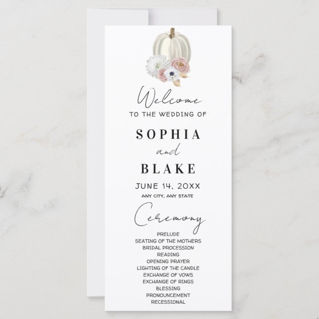 White Floral Fall Pumpkin White Wedding Programm (Vorderseite)