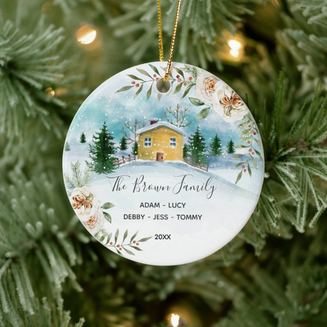 White Floral Family Christmas House Ornament Gift (Baum)