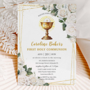 White Floral First Heilige Kommunion Gold Chalice Einladung