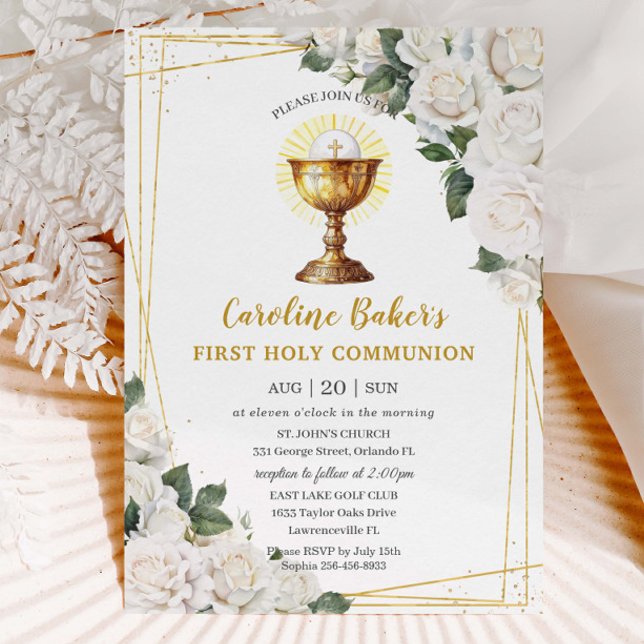 White Floral First Heilige Kommunion Gold Chalice Einladung (Von Creator hochgeladen)