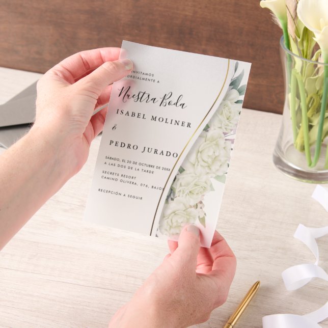 White Floral Foliage Nuestra Boda Spanische Hochze (Handgehalten)