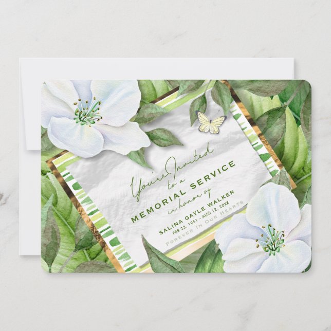 White Floral Garden Grüntöne Gedenkveranstaltung Einladung (Vorderseite)
