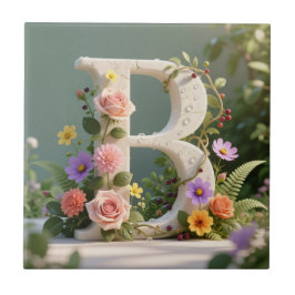 White Floral Garden Monogram Letter B Fliese