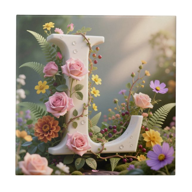 White Floral Garden Monogram Letter L Fliese (Vorderseite)