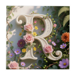 White Floral Garden Monogram Letter R Fliese