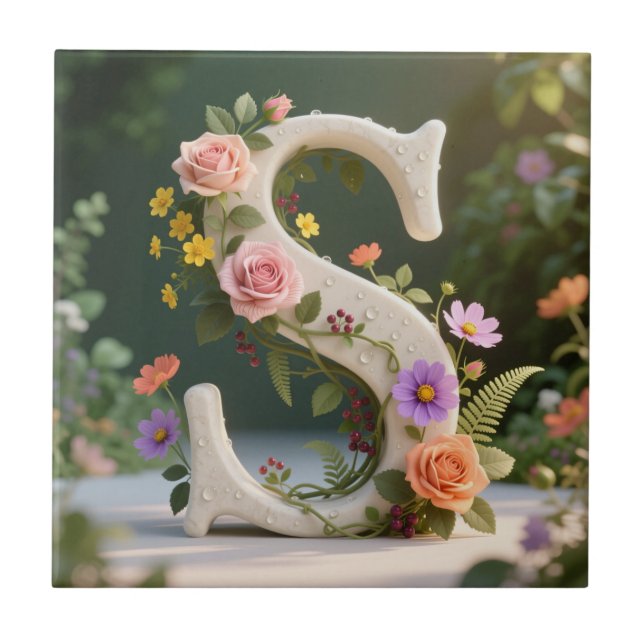 White Floral Garden Monogram Letter S Fliese (Vorderseite)