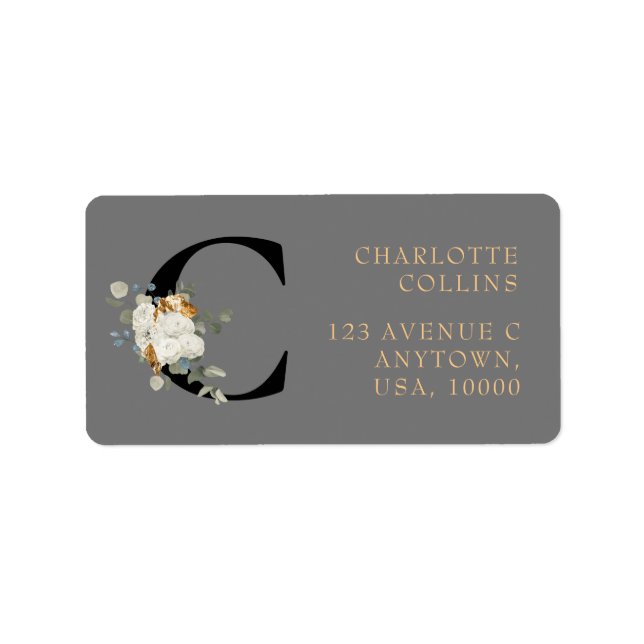 White Floral Gold Akzente Monogram C Adressaufkleber (Vorne)