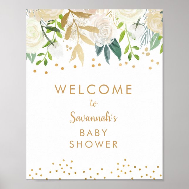 White Floral Gold Baby Dusche Begrüßungszeichen Poster (Vorne)
