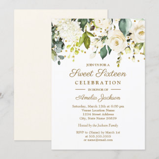 White Floral Gold Confetti 16 . Geburtstag Einladung