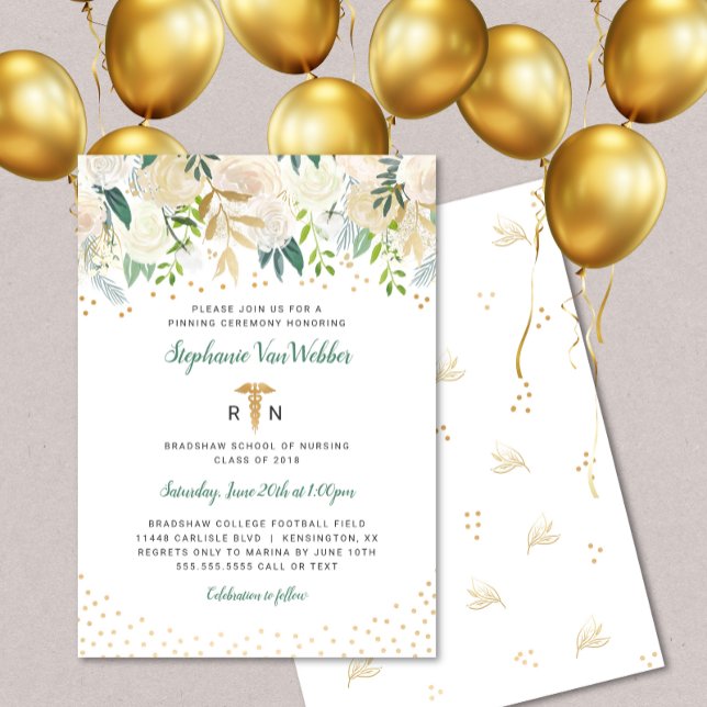 White Floral Gold Confetti RN Abschluss lädt ein Einladung (Von Creator hochgeladen)