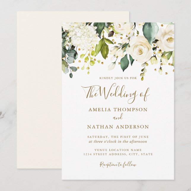 White Floral Gold Confetti Wedding Einladung (Vorne/Hinten)