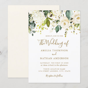 White Floral Gold Confetti Wedding Einladung