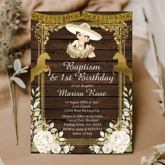 White Floral Gold Fiesta Girl Taufe Christening Einladung (Von Creator hochgeladen)