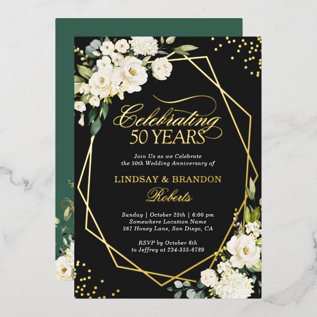 White Floral Gold Geometric Wedding Jubiläum Folieneinladung (Vorderseite/Rückseite)