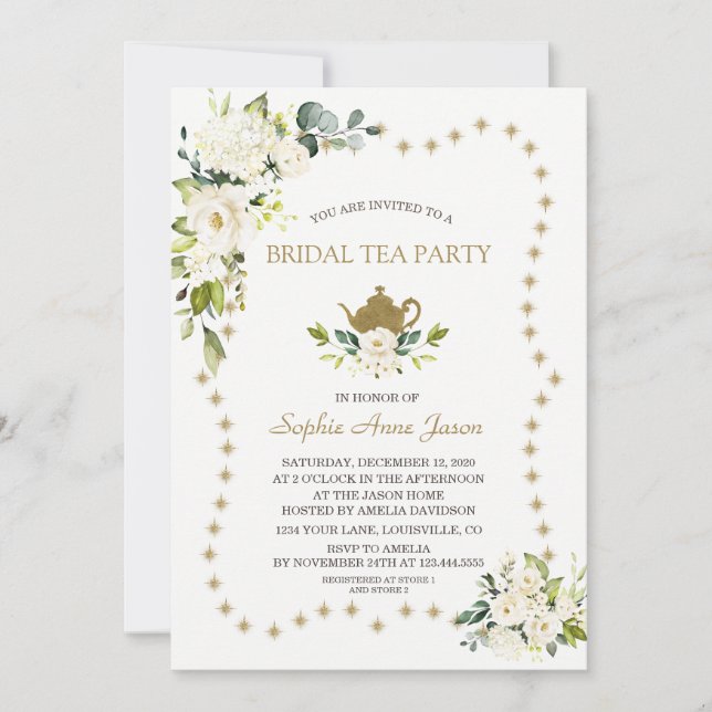 White Floral Gold Glitzer Brautparty Tee Party Einladung (Vorderseite)