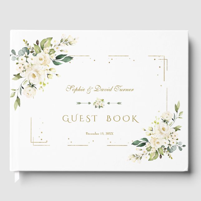 White Floral Gold Glitzer Frame Hochzeit Gästebuch (Vorderseite)