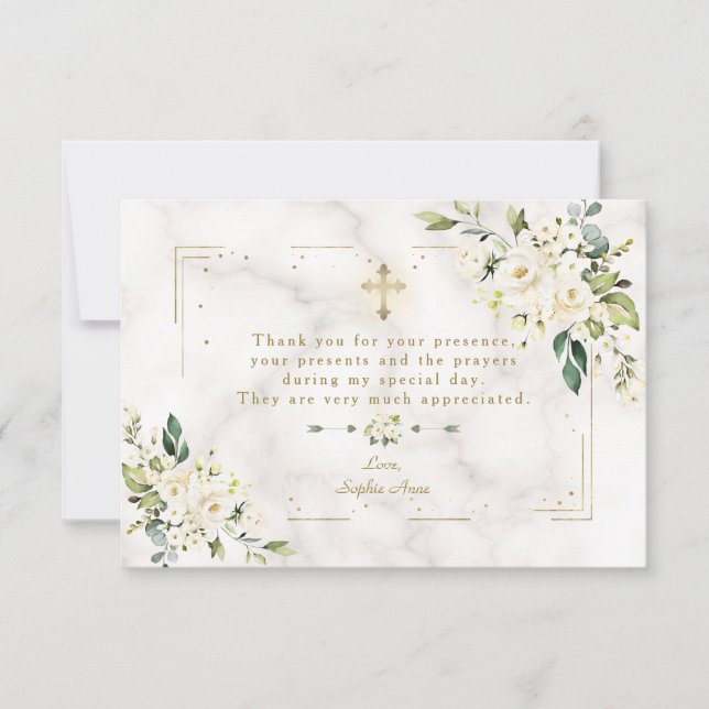 White Floral Gold Glitzer Rahmen Marmor Taufe Dankeskarte (Vorderseite)