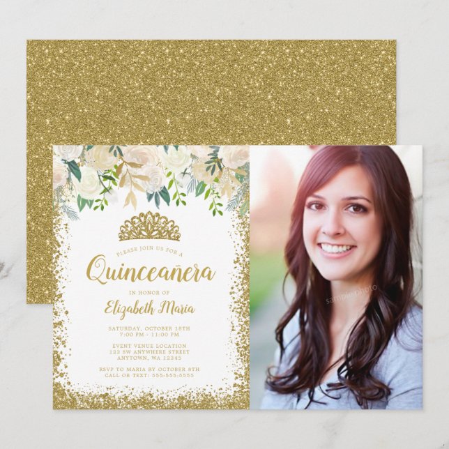 White Floral Gold Glitzern Tiara Quinceanera Foto Einladung (Vorne/Hinten)