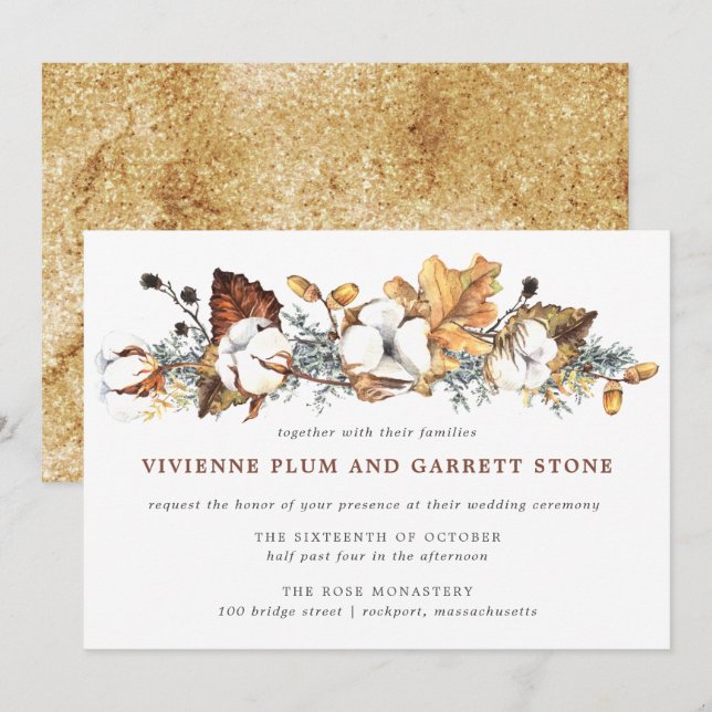 White Floral Gold Herbst Leaves Hochzeit Einladung (Vorne/Hinten)