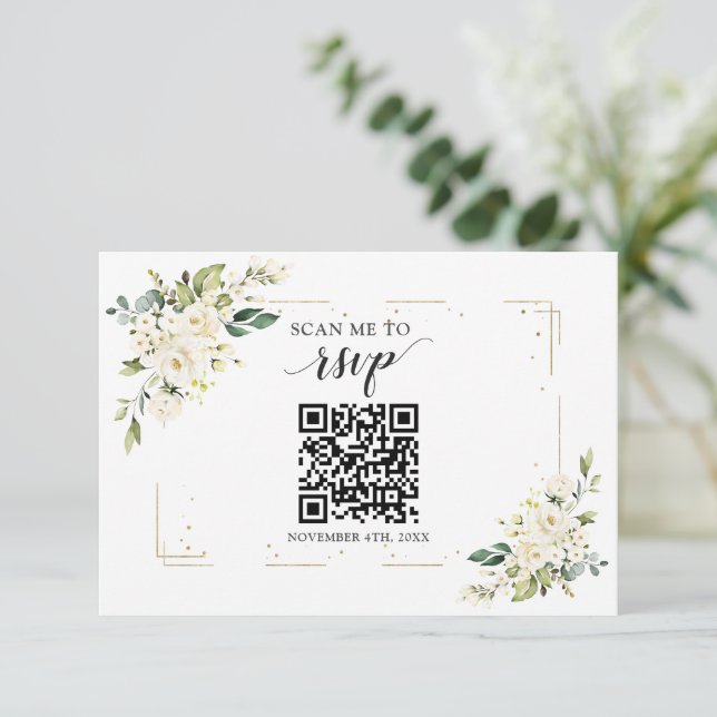 White Floral Gold QR Code Hinzufügen Sie Ihre URL  RSVP Karte (Stehend Vorderseite)