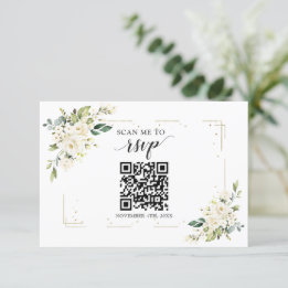 White Floral Gold QR Code Hinzufügen Sie Ihre URL  RSVP Karte