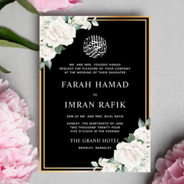 White Floral Gold Rahmen Schwarze muslimische Hoch Einladung (Von Creator hochgeladen)