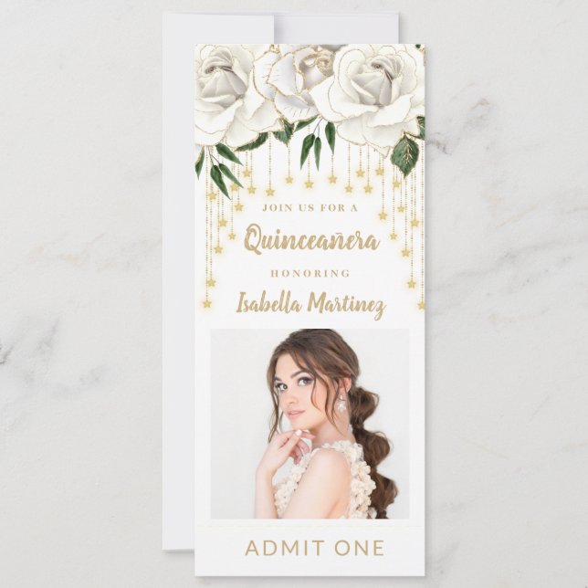 White Floral Gold String Light Quinceañera Ticket Einladung (Vorderseite)