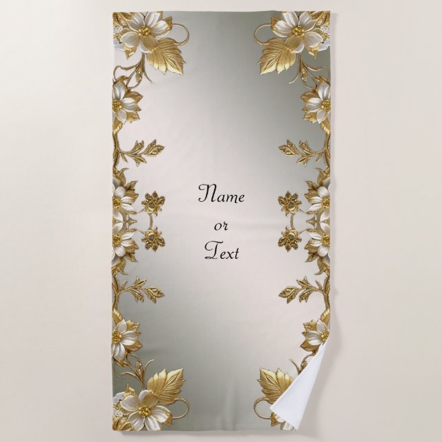 White Floral Gold Verziert Beach Handtuch (Vorderseite)