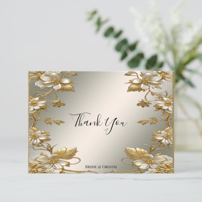 White Floral Gold Verziert Dankeschön Karte (Stehend Vorderseite)