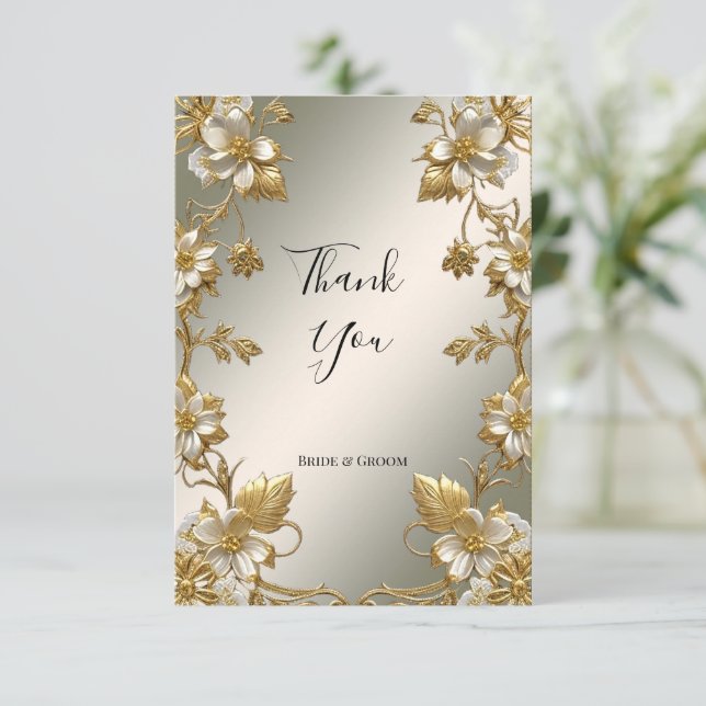 White Floral Gold Verziert Dankeschön Karte (Stehend Vorderseite)