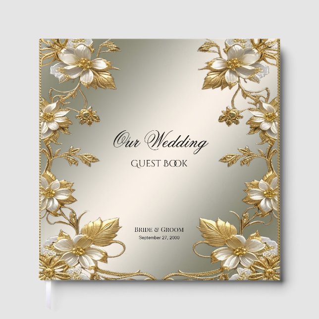 White Floral Gold Verziert Gästebuch (Vorderseite)