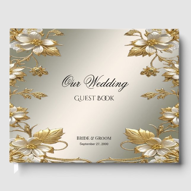 White Floral Gold Verziert Gästebuch (Vorderseite)
