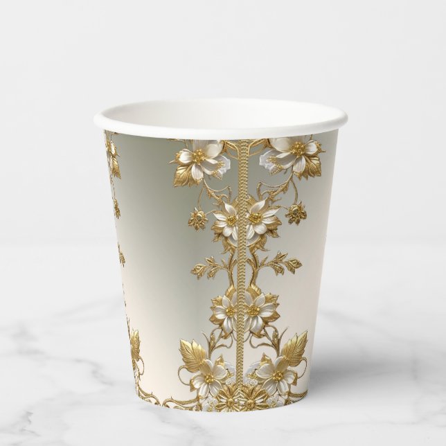 White Floral Gold Verziert Paper Cup Pappbecher (Vorderseite)